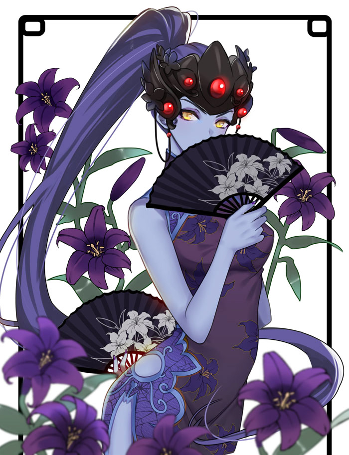 1girl alternate_costume black_lily_widowmaker breasts china_dress chinese_clothes covering_mouth cowboy_shot dress earrings fan floral_background floral_print flower folding_fan head_mounted_display jewelry lily_(flower) long_hair looking_at_viewer medium_breasts overwatch ponytail purple_hair purple_skin solo stud_earrings very_long_hair white_background widowmaker_(overwatch) yellow_eyes zonana