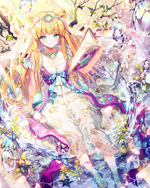 1girl aqua_eyes bangs barefoot blonde_hair book breasts cherrypin cleavage double_bun dress droplets floral_print flower gem hair_ornament holding holding_book jewelry knife long_hair looking_at_viewer medium_breasts necklace open_book sitting smile sparkle tenkuu_no_crystalia water white_dress