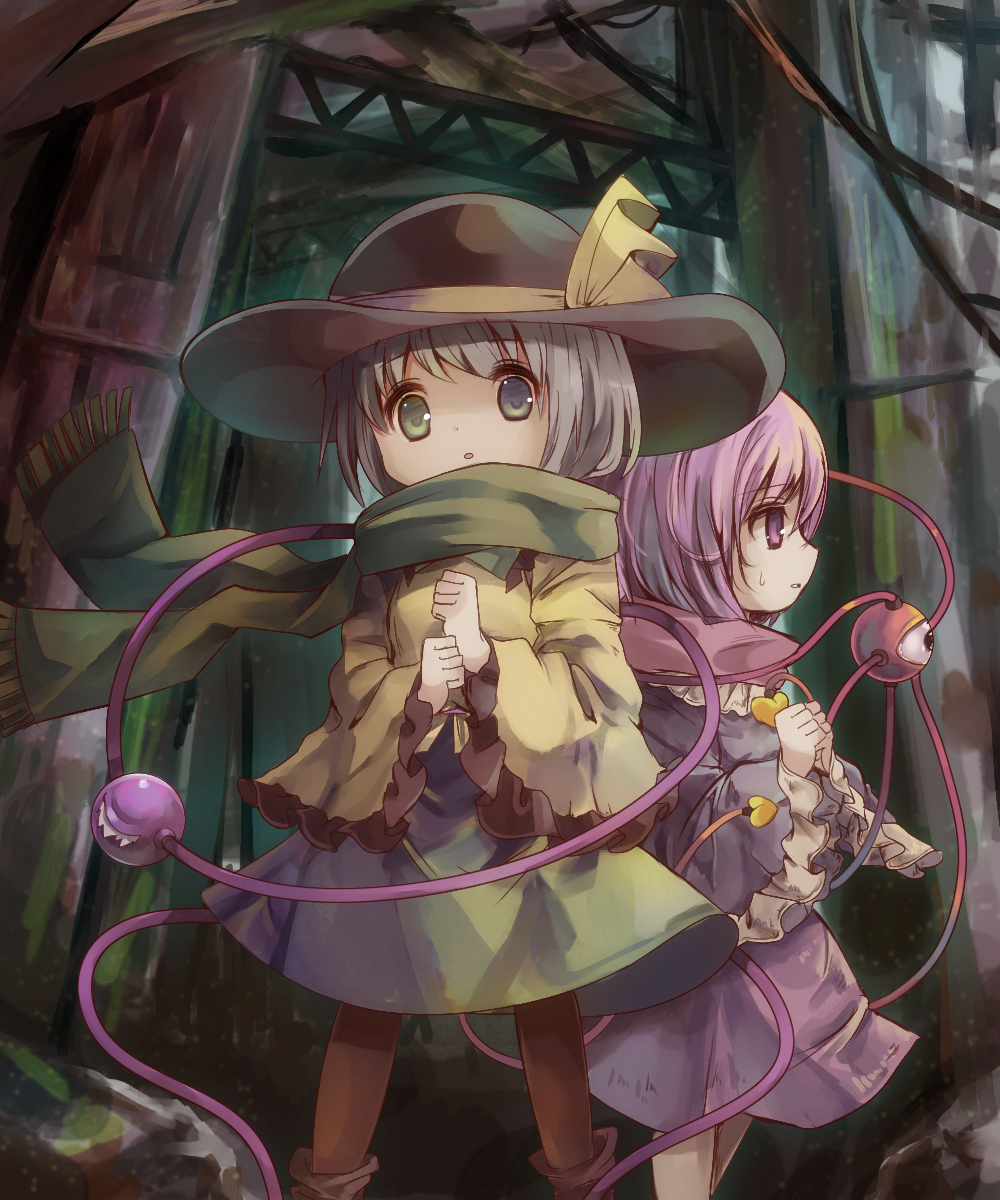 2girls :o ankle_boots blouse blue_blouse boots brown_legwear clenched_hands eyebrows_visible_through_hair feet_out_of_frame frilled_sleeves frills green_eyes green_skirt hair_between_eyes hat hat_ribbon heart highres komeiji_koishi komeiji_satori lavender_hair long_sleeves looking_at_viewer looking_to_the_side multiple_girls pantyhose parted_lips pink_skirt profile ribbon ruins rust scarf sekisei_(superego51) short_hair siblings silver_hair sisters skirt sweatdrop third_eye touhou violet_eyes wind wire yellow_blouse