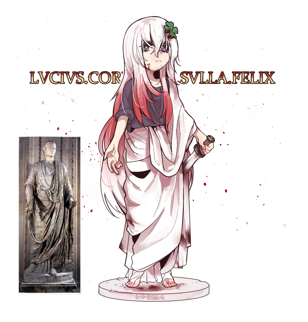 1girl bangs bitchcraft123 blood bloody_clothes blue_eyes blue_tunic character_name fine_art_parody genderswap gladius hair_ornament history holding holding_sword holding_weapon latin long_hair original parody photo-referenced real_life reference_photo solo standing statue sword tiptoes very_long_hair weapon white_cloak white_hair