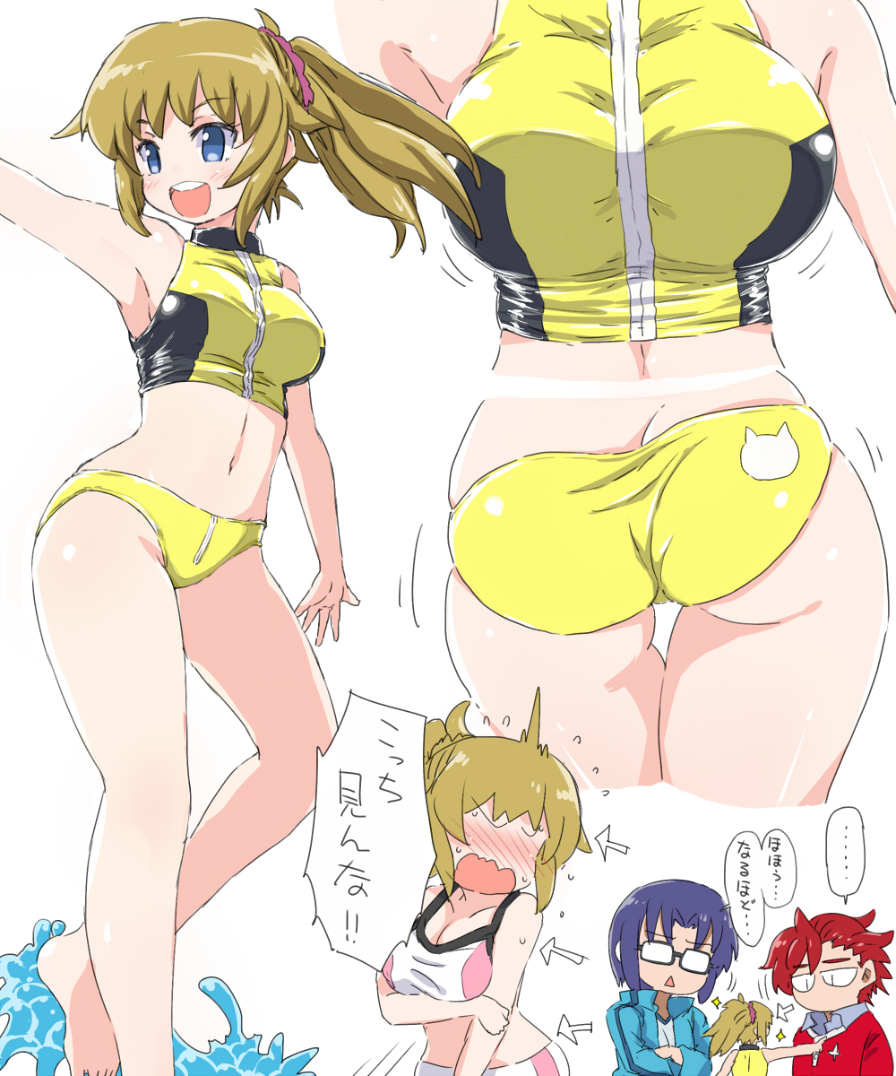 1girl 2boys arrow ass bike_shorts blue_eyes blue_hair blush breast_hold breasts cleavage close-up embarrassed glasses gundam gundam_build_fighters gundam_build_fighters_try highres hoshino_fumina large_breasts light_brown_hair midriff multiple_boys naitou_kouse navel open_mouth ponytail redhead short_shorts shorts smile solo_focus speech_bubble sports_bra sweatdrop translation_request wavy_mouth