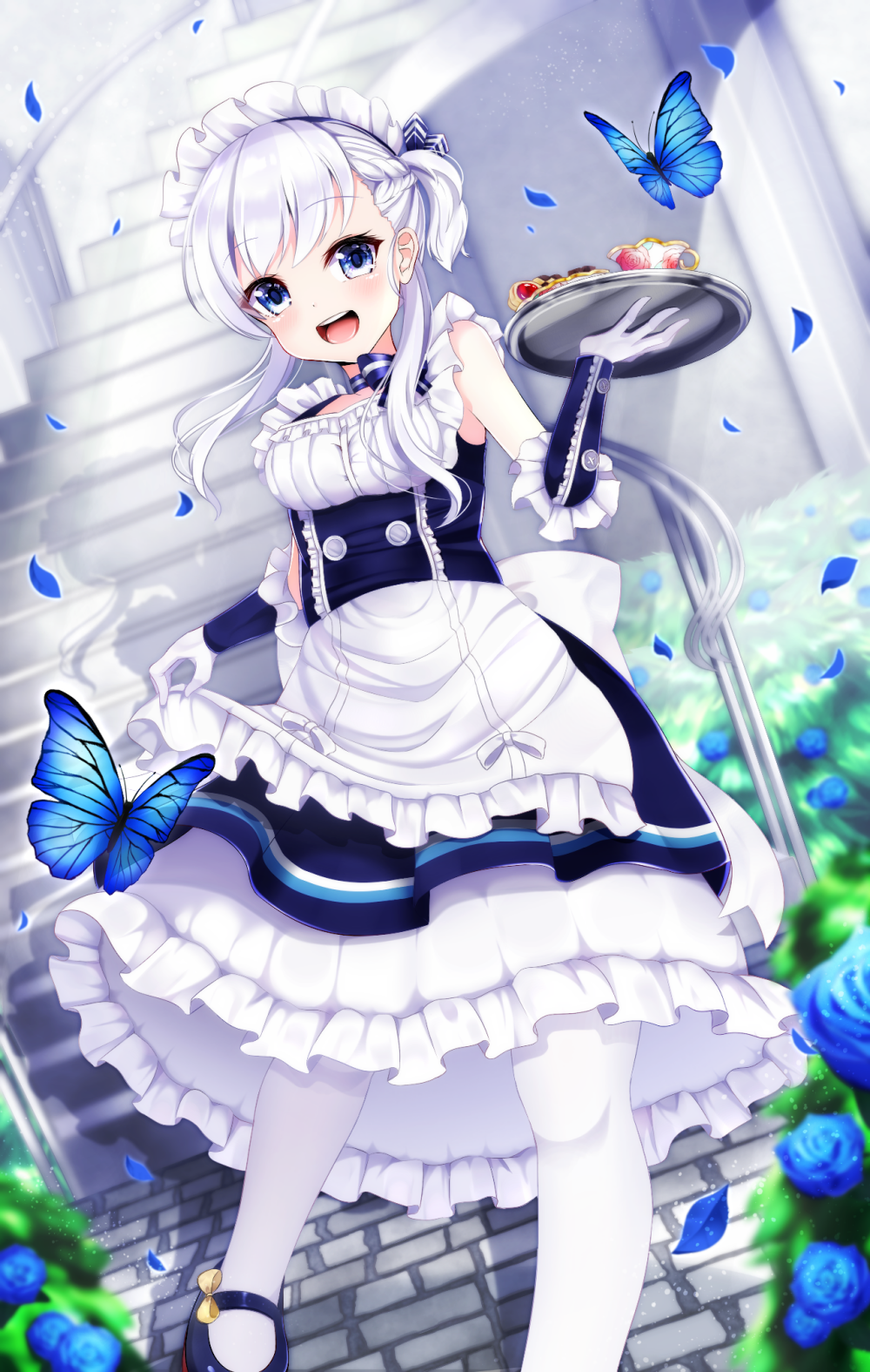 1girl :d animal apron apron_hold azur_lane belfast_(azur_lane) blue_dress blue_eyes blue_flower blue_footwear blue_ribbon blush bow braid bug butterfly checkerboard_cookie commentary_request cookie cup dress dutch_angle elbow_gloves flower food frilled_apron frills gloves hair_ribbon highres holding holding_tray insect long_hair looking_at_viewer maid maid_headdress mary_janes nya_rl one_side_up open_mouth pantyhose petals ribbon shoes silver_hair sleeveless sleeveless_dress smile solo stairs teacup tray upper_teeth waist_apron white_apron white_bow white_gloves white_legwear