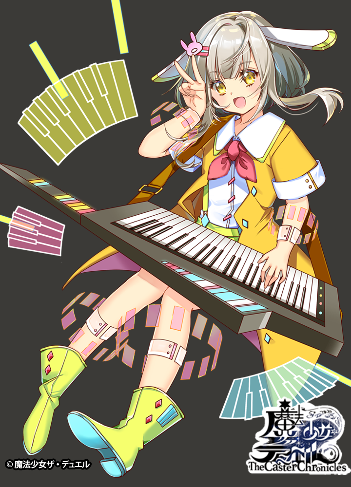 1girl :d boots copyright_name fujishiro_kokoa full_body grey_background grey_hair hair_ornament hairclip instrument invisible_chair keyboard_(instrument) keytar looking_at_viewer official_art open_mouth sitting smile solo the_caster_chronicles v watermark yellow_eyes yellow_footwear