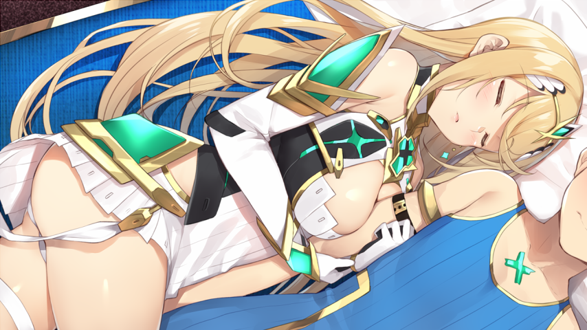 1boy 1girl armor bangs bare_shoulders blonde_hair blush breasts cleavage closed_eyes dress earrings elbow_gloves gloves mythra_(xenoblade) jewelry large_breasts long_hair lying on_side panties pantyshot parted_lips rex_(xenoblade_2) sleeping tiara underwear white_dress white_gloves white_panties xenoblade_(series) xenoblade_2 yappen