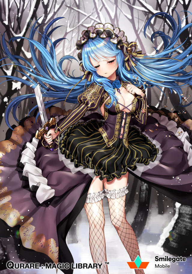 1girl :o black_dress blue_hair blush bow breasts broken broken_weapon cleavage closed_eyes closed_mouth copyright_name dress fishnet_legwear fishnets floating_hair flower frilled_hairband gambe hair_bow holding holding_sword holding_weapon juliet_sleeves lens_flare long_hair long_sleeves medium_breasts mole mole_under_eye official_art puffy_sleeves qurare_magic_library red_bow red_flower red_rose rose skull solo standing sword thigh-highs watermark weapon