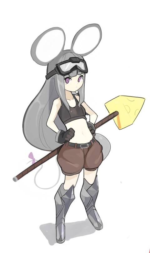 1girl animal_ears bangs belt black_gloves boots bow brown_shorts cheese crop_top doremi food full_body gloves goggles goggles_on_head grey_hair hands_on_hips long_hair looking_at_viewer low-tied_long_hair midriff mouse_ears mouse_tail navel original pink_bow pink_eyes shorts simple_background solo standing tail tail_bow very_long_hair white_background