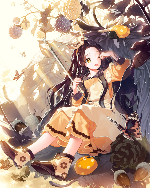 1girl ;d acorn berries black_hair bow brown_eyes bug butterfly cherrypin dress hair_bow hat insect ladybug leaf long_hair minigirl needle one_eye_closed open_mouth orange_dress outdoors pinecone plant sitting smile sunlight tenkuu_no_crystalia