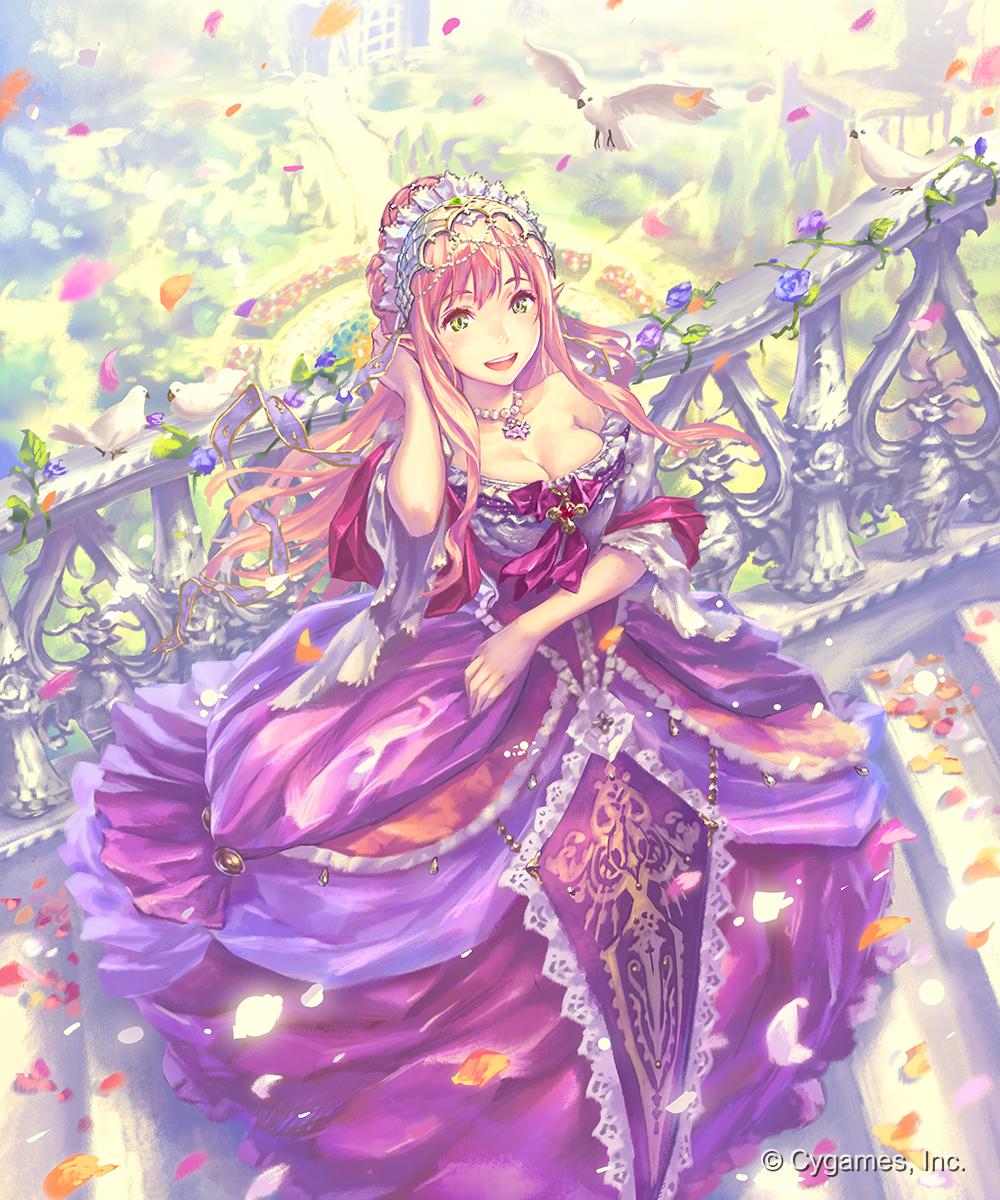 1girl :d bird blonde_hair breasts cleavage collarbone day dress floating_hair from_above green_eyes hand_in_hair highres hisakata_souji jewelry long_dress long_hair looking_at_viewer medium_breasts necklace open_mouth outdoors petals purple_dress shingeki_no_bahamut smile solo stairs