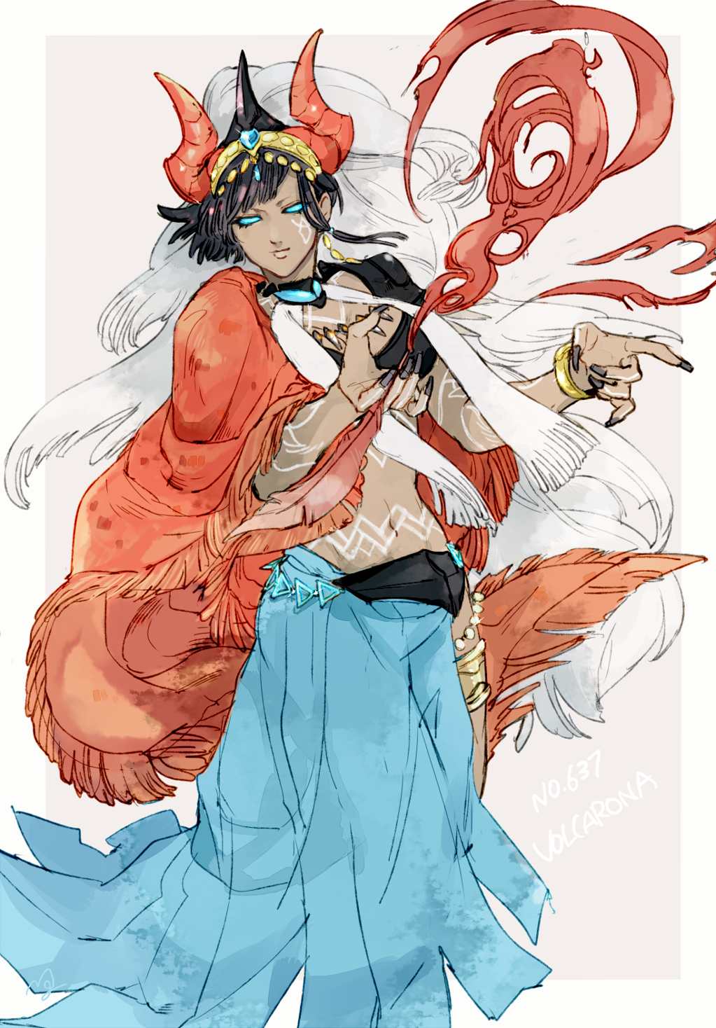 1boy absurdly_long_hair bangle black_hair black_nails blue_sclera blue_skirt bracelet character_name dark_skin facing_viewer fire hairpiece highres horns jewelry long_hair midriff multicolored_hair nail_polish navel necklace ngr_(nnn204204) orange_cape personification pokemon scarf simple_background skirt standing tattoo two-tone_hair very_long_hair volcarona white_hair white_scarf