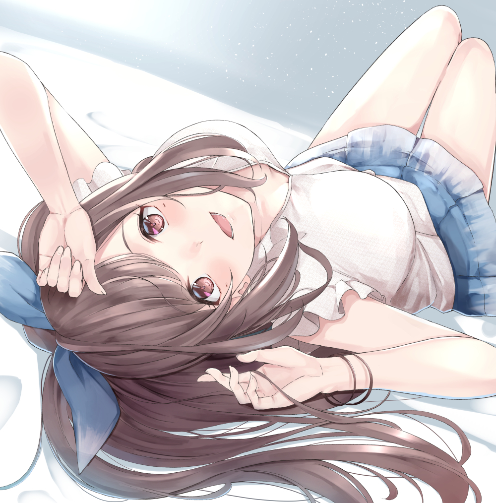 1girl :d bangs blue_skirt bracelet breasts breasts_apart brown_hair commentary_request hair_spread_out hands_up idolmaster idolmaster_shiny_colors irohakaede jewelry large_breasts legs_up light_particles long_hair looking_at_viewer lying on_back on_bed open_mouth pink_eyes pleated_skirt ponytail shirt skirt smile solo tsukioka_kogane upside-down white_shirt