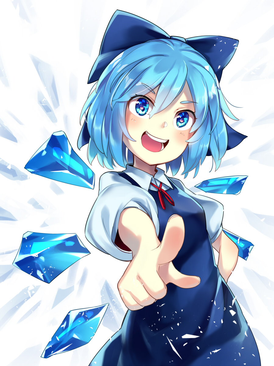 1girl :d asutora blue_dress blue_eyes blue_hair blush bow breasts cirno commentary_request cowboy_shot dress foreshortening hair_between_eyes hair_bow hand_on_hip head_tilt highres ice ice_wings looking_at_viewer neck_ribbon open_mouth pointing pointing_at_viewer puffy_short_sleeves puffy_sleeves red_bow red_neckwear red_ribbon ribbon shirt short_hair short_sleeves simple_background small_breasts smile solo standing touhou white_background white_shirt wing_collar wings