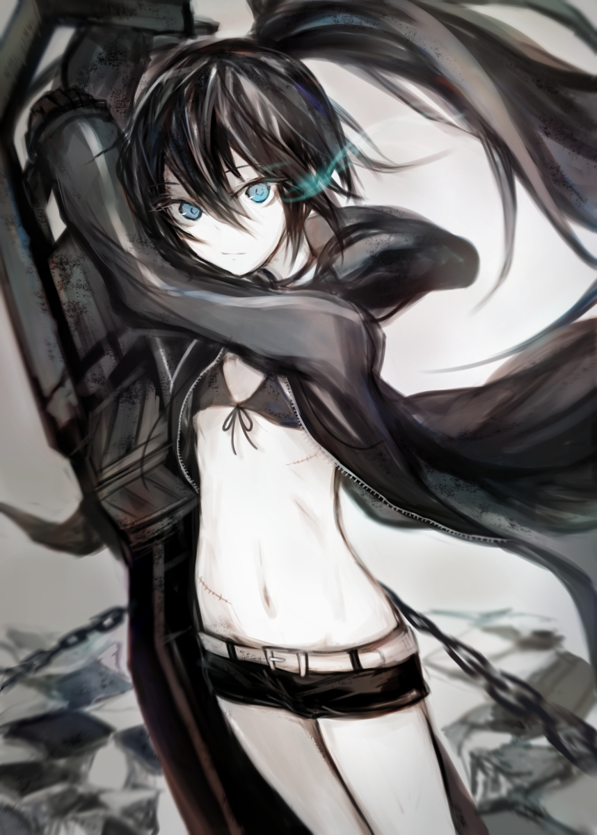 1girl arm_up bangs belt_buckle bikini_top black_bikini_top black_gloves black_hair black_hoodie black_rock_shooter black_rock_shooter_(character) black_shorts blue_eyes buckle chains closed_mouth commentary_request flat_chest front-tie_bikini front-tie_top gloves glowing glowing_eye hair_between_eyes hasunokaeru highres holding hood hood_down hoodie long_hair long_sleeves looking_at_viewer navel open_clothes open_hoodie pale_skin short_shorts shorts solo stitches twintails white_belt