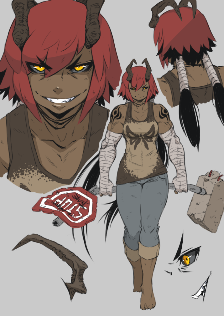 1girl alexi_(petite-emi) apron bare_shoulders barefoot black_hair black_sclera breasts collage commentary demon_girl demon_horns denim english_commentary full_body grin hair_tubes hand_wraps horns jeans jewelry multicolored_hair muscle muscular_female necklace original pants pants_rolled_up petite-emi redhead road_sign sharp_teeth short_hair sign small_breasts smile solo teeth two-tone_hair yellow_eyes