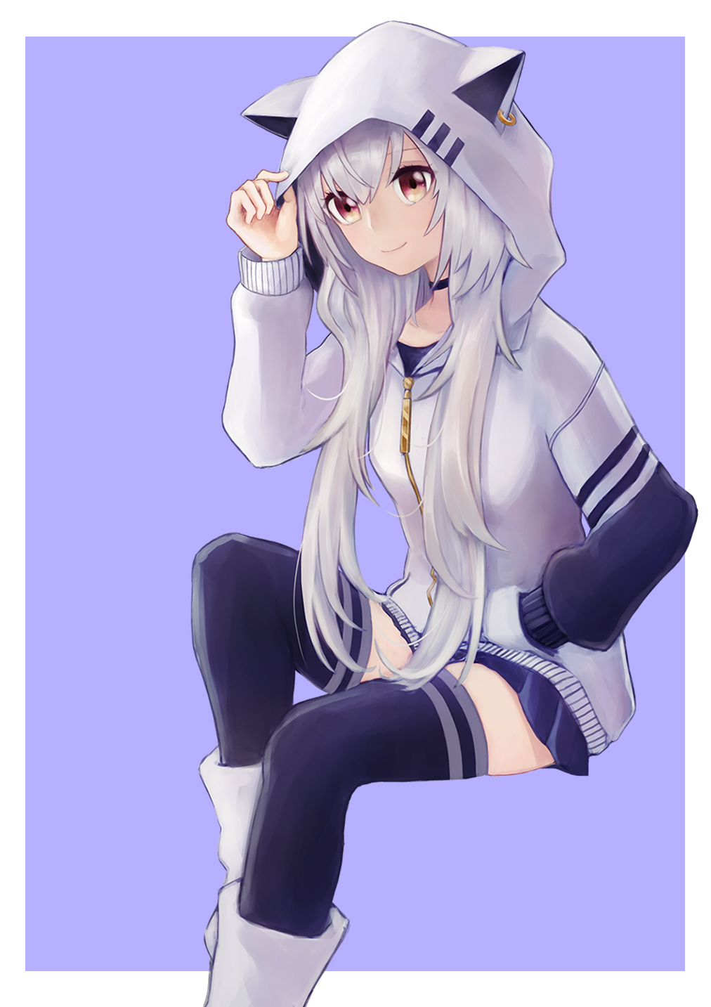 1girl adjusting_headwear animal_hood azuma_lim azuma_lim_channel black_choker black_legwear blue_background brown_eyes choker hand_in_pocket hand_up highres hood hoodie looking_at_viewer nuwon sitting skirt smile solo thigh-highs virtual_youtuber white_footwear white_hair zipper