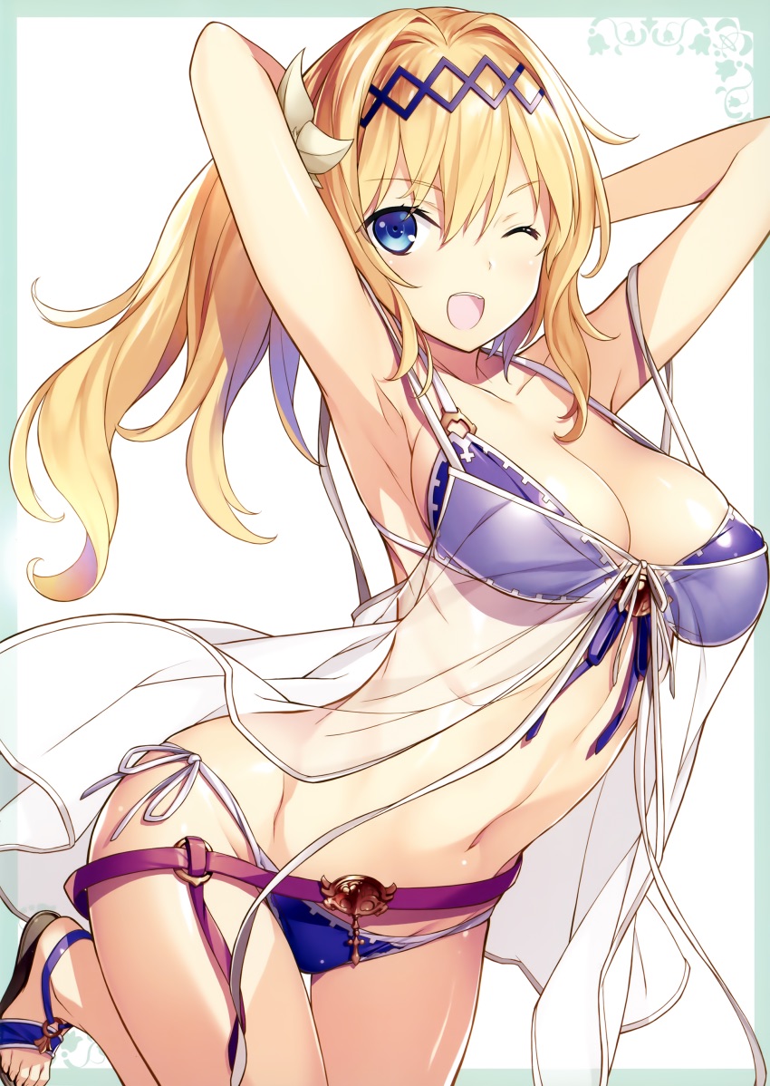 1girl absurdres armpits arms_behind_head arms_up babydoll bangs belt bikini blonde_hair blue_eyes blush breasts cleavage collarbone eyebrows_visible_through_hair flower front-tie_bikini front-tie_top granblue_fantasy hair_flower hair_ornament hairband highres jeanne_d'arc_(granblue_fantasy) kikuchi_seiji long_hair looking_at_viewer medium_breasts navel o-ring_bikini o-ring_top one_eye_closed one_leg_raised open_mouth sandals scan see-through shiny shiny_clothes shiny_skin side-tie_bikini simple_background smile solo swimsuit thighs white_background