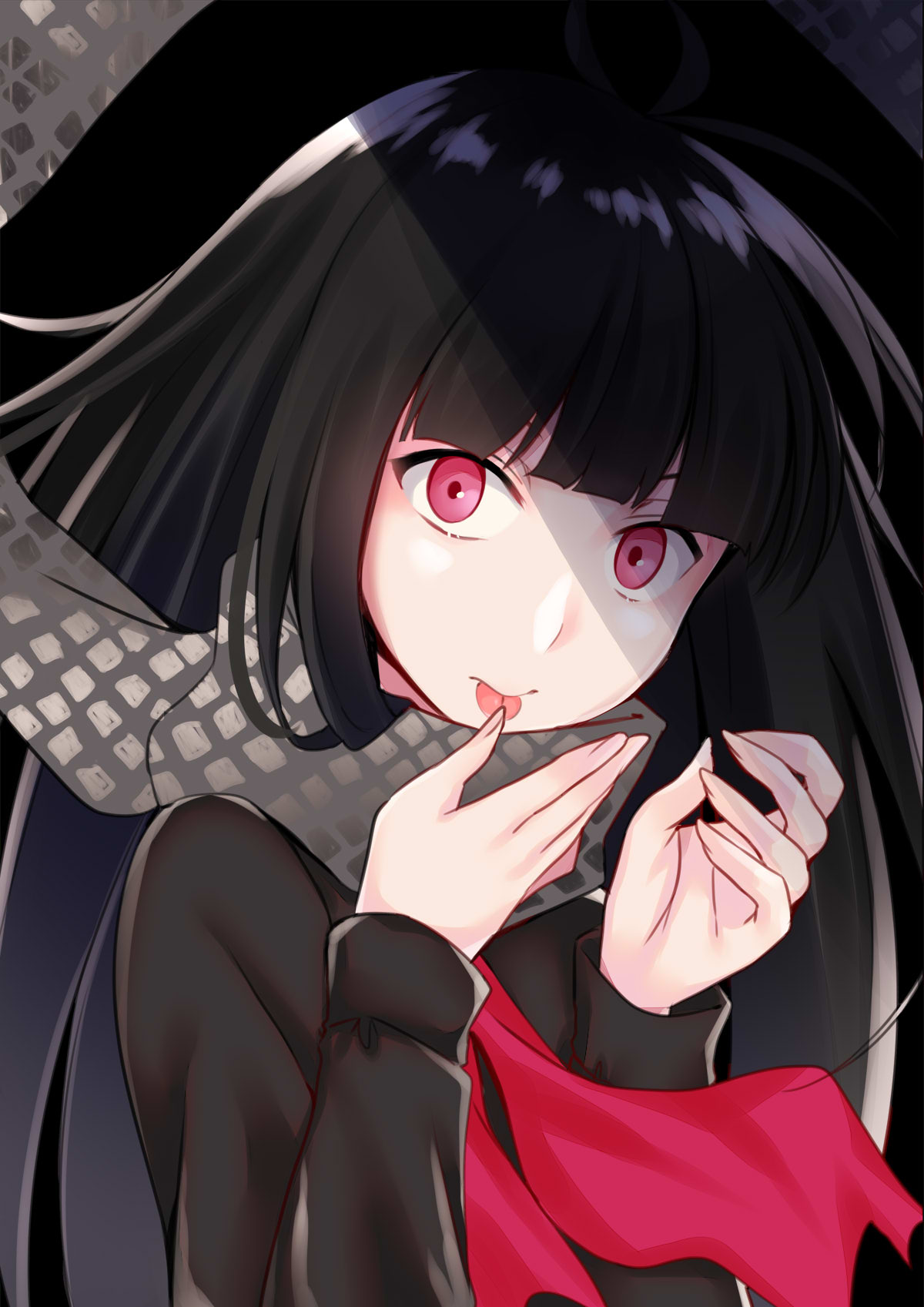 1girl bangs black_hair black_shirt closed_mouth commentary_request fate/grand_order fate_(series) fingernails grey_scarf hands_up head_tilt highres ko_yu long_hair long_sleeves looking_at_viewer oryuu_(fate) pink_eyes red_neckwear scarf shirt solo tongue tongue_out very_long_hair
