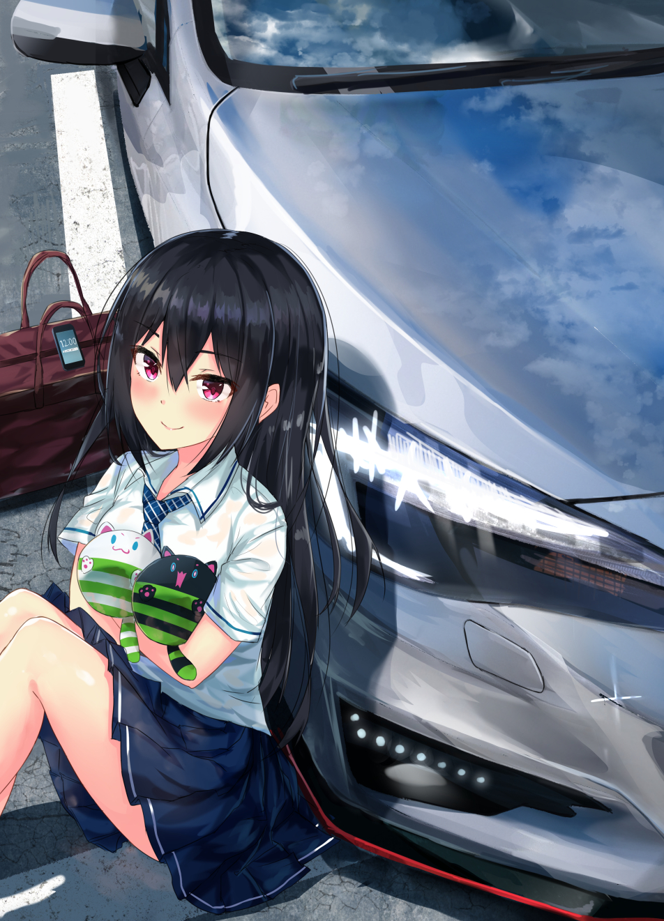 1girl bag black_hair car cellphone clouds ground_vehicle highres karo-chan long_hair motor_vehicle necktie original phone pink_eyes pleated_skirt reflection road school_uniform sitting skirt sky smartphone smile solo street stuffed_toy subaru_(brand) subaru_impreza