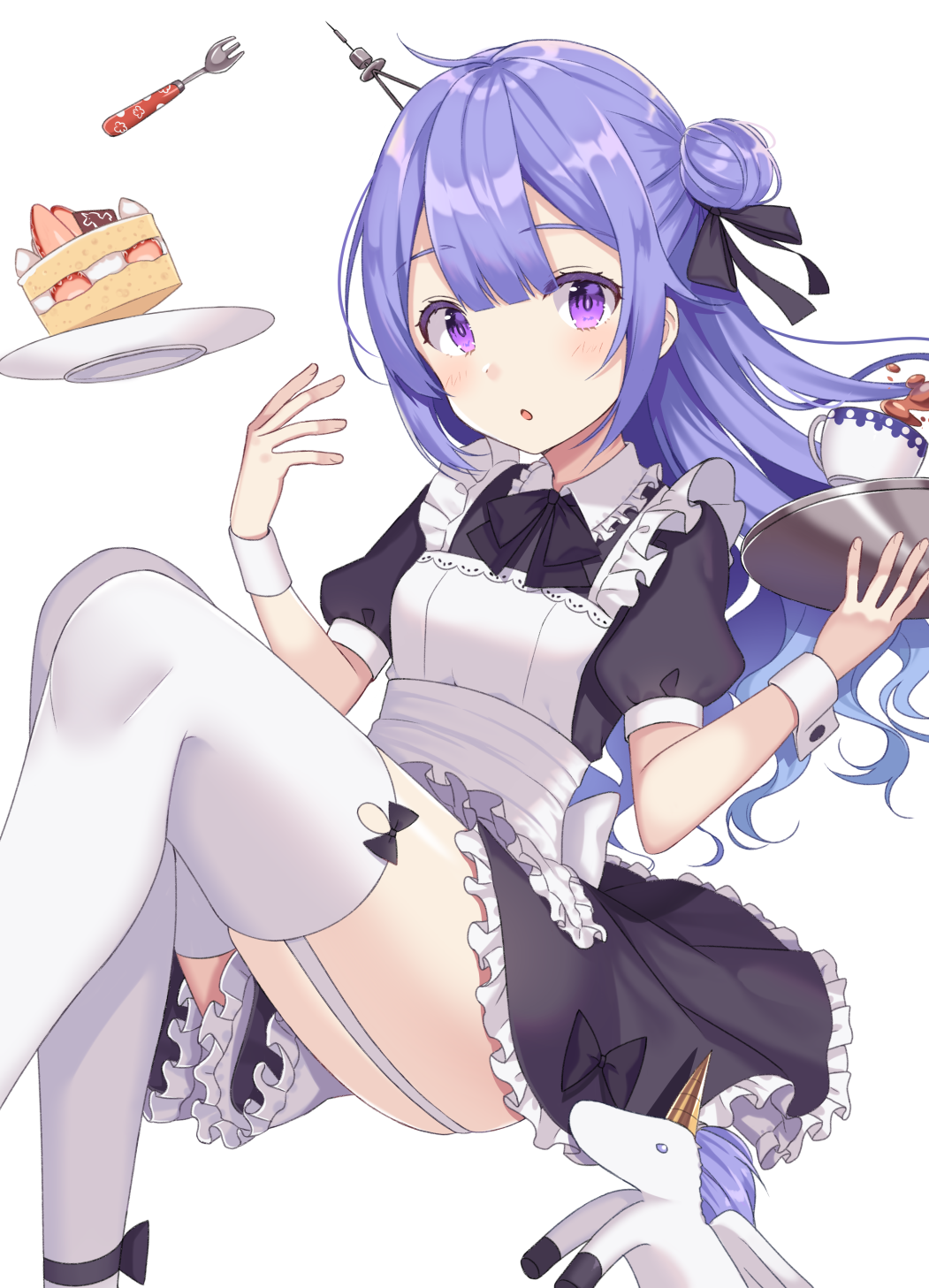 1girl :o apron azur_lane bangs black_bow black_dress black_ribbon blush bow breasts cake commentary_request cup dress fingernails food fork frilled_apron frilled_dress frills garter_straps hair_bun hair_ornament hair_ribbon hands_up highres holding holding_tray izumo_neru long_hair looking_at_viewer maid_apron parted_lips plate puffy_short_sleeves puffy_sleeves purple_hair ribbon short_sleeves side_bun simple_background sitting slice_of_cake small_breasts solo stuffed_animal stuffed_pegasus stuffed_toy stuffed_unicorn tea teacup thigh-highs tray unicorn_(azur_lane) very_long_hair violet_eyes white_apron white_background white_legwear wrist_cuffs