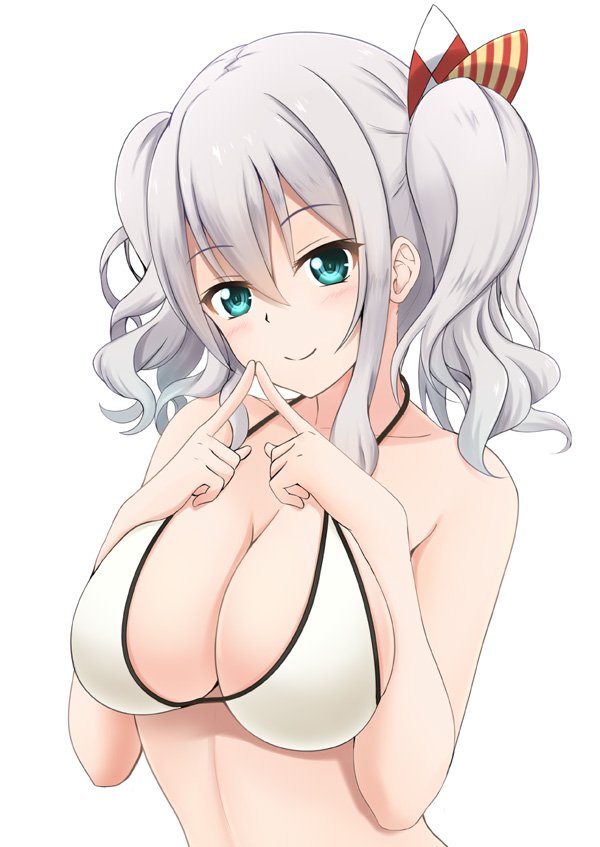 1girl bikini blue_eyes breasts cleavage fingers_together fuuma_nagi index_finger_raised kantai_collection kashima_(kantai_collection) large_breasts looking_at_viewer sidelocks silver_hair simple_background smile solo swimsuit tsurime upper_body wavy_hair white_background white_bikini white_bikini_top