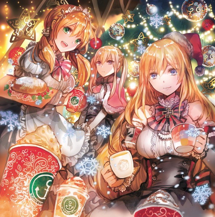 3girls alternate_costume anchor_hair_ornament apron armband bangs bare_shoulders bismarck_(kantai_collection) blonde_hair blue_eyes blush bow bread breasts capelet christmas christmas_lights christmas_ornaments christmas_tree corset cup detached_sleeves dirndl expressionless food german_clothes graf_zeppelin_(kantai_collection) grey_eyes hair_between_eyes hair_ornament hat holding holding_cup holding_mug holding_tray kantai_collection large_breasts light_particles long_hair looking_at_viewer low_twintails maid maid_headdress mug multiple_girls open_mouth prinz_eugen_(kantai_collection) puffy_short_sleeves puffy_sleeves rioka_(southern_blue_sky) santa_hat short_sleeves sidelocks smile snow snowflake_print traditional_clothes tray tsurime twintails
