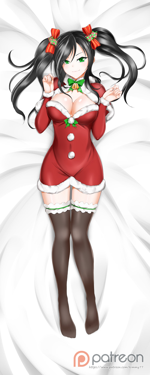 1girl alfred_cullado blush breasts capelet cleavage dakimakura fur-trimmed_capelet fur_trim green_eyes highres large_breasts lying neck_bell neck_ribbon neo_(rwby) on_back patreon_logo ribbon rwby smile solo thigh-highs thighs twintails watermark web_address
