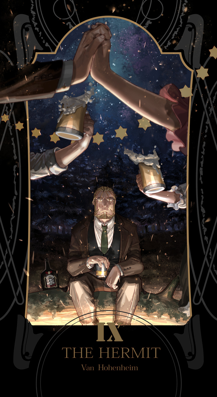 1boy alcohol beard beer beer_mug black_vest blonde_hair bottle brown_jacket brown_pants collared_shirt facial_hair fullmetal_alchemist glasses green_neckwear highres holding holy_pumpkin jacket long_sleeves male_focus necktie night night_sky outdoors pants ponytail shirt sitting sky solo_focus star_(sky) starry_sky tarot van_hohenheim vest white_shirt wing_collar