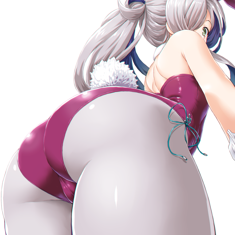 1girl animal_ears arched_back asashimo_(kantai_collection) ass bunny_girl bunny_tail bunnysuit commentary_request cowboy_shot dd_(ijigendd) from_below from_side green_eyes grey_hair grey_legwear hair_over_one_eye kantai_collection leotard long_hair looking_at_viewer pantyhose rabbit_ears side_ponytail simple_background solo tail white_background wrist_cuffs