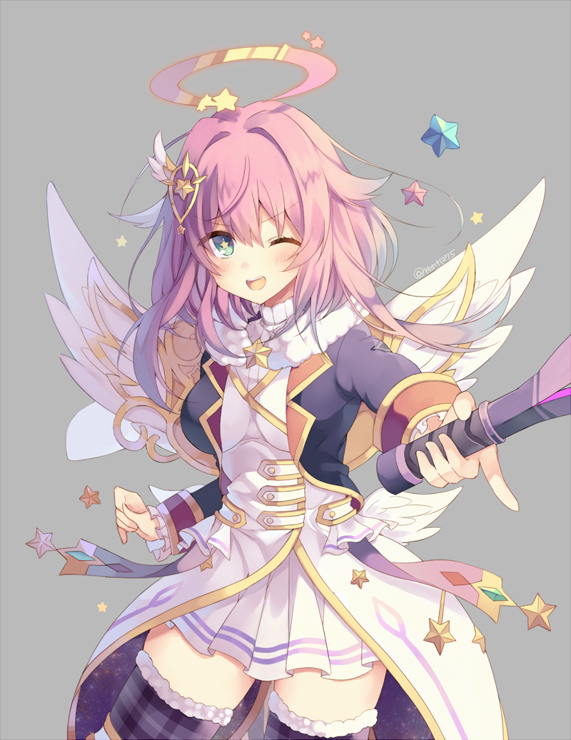 &gt;:) 1girl copyright_request dress gradient_hair green_eyes holding holding_wand jacket long_sleeves looking_back medium_hair multicolored_hair one_eye_closed pink_hair pointing pointing_at_viewer purple_hair purple_jacket rento_(rukeai) solo star thigh-highs wand white_dress wings