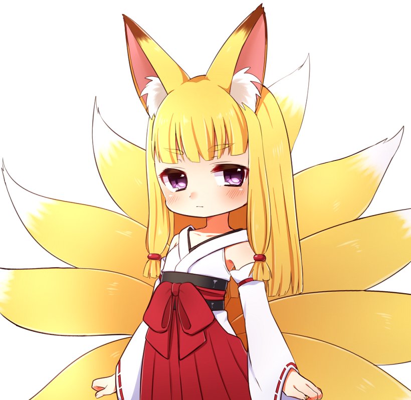 1girl animal_ears blonde_hair blush closed_mouth detached_sleeves eyebrows_visible_through_hair fox_ears fox_tail hakama japanese_clothes kai_himo long_sleeves looking_at_viewer multiple_tails original red_hakama simple_background solo standing tail violet_eyes white_background wide_sleeves