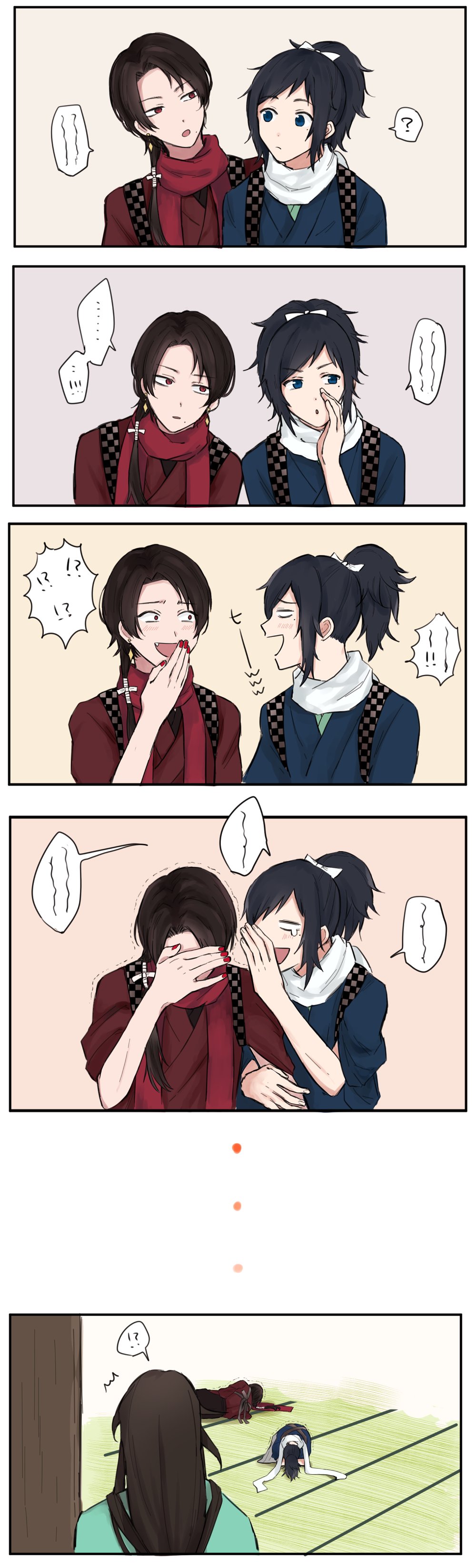 3boys absurdres all_fours black_hair blue_eyes brown_hair comic earrings high_ponytail highres izumi-no-kami_kanesada jewelry kashuu_kiyomitsu laughing long_hair male_focus mole mole_under_eye mole_under_mouth multiple_boys nail_polish ponytail red_eyes red_scarf scarf silent_comic tasuki tatami tearing_up touken_ranbu whispering white_scarf yamato-no-kami_yasusada