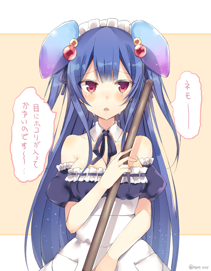 1girl blue_hair bow breasts broom copyright_request gradient_hair holding holding_broom long_hair looking_at_viewer maid maid_headdress multicolored_hair red_eyes rento_(rukeai) solo tears twintails