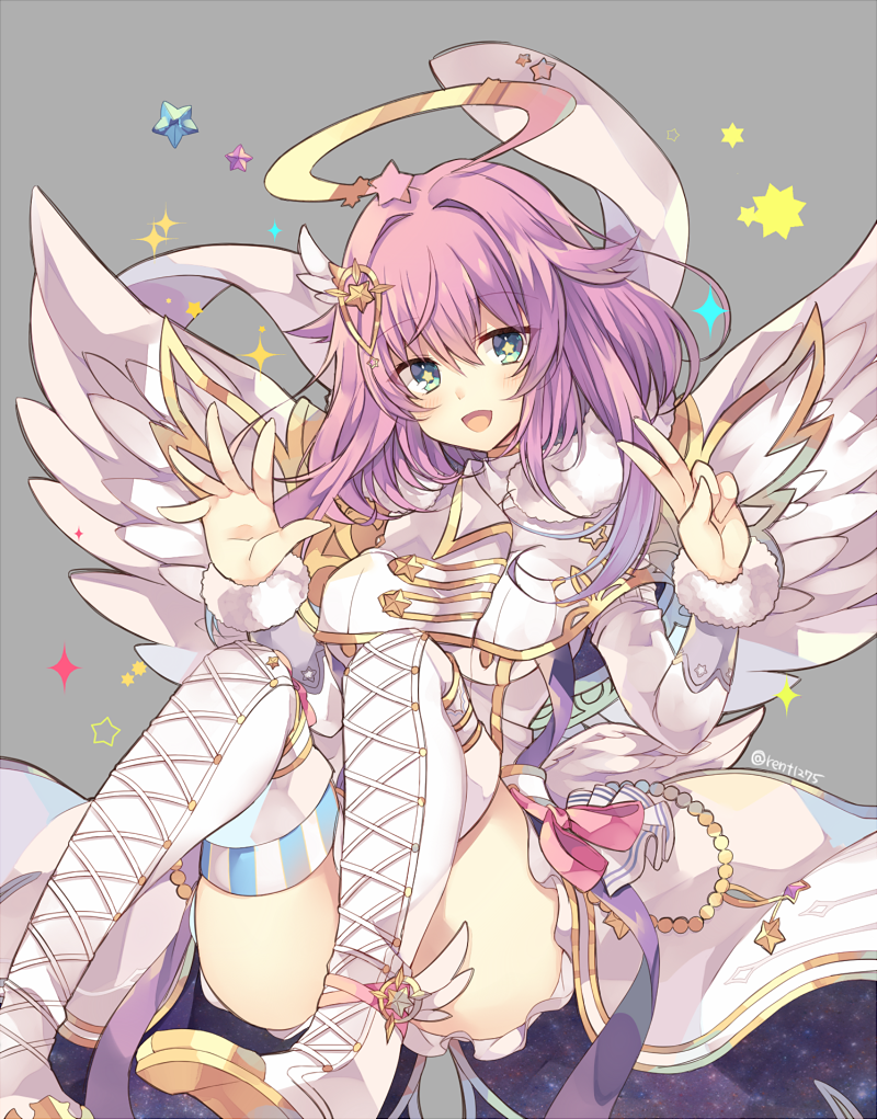 +_+ 1girl bow dress gradient_hair green_eyes halo long_sleeves looking_at_viewer luka_(shironeko_project) multicolored_hair open_mouth pink_bow pink_hair purple_hair rento_(rukeai) shironeko_project short_hair smile solo star v white_dress winged_boots wings