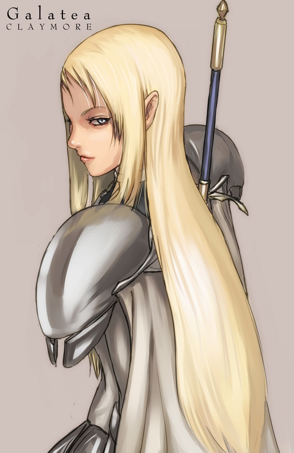 1girl blonde_hair blue_eyes cape character_name claymore claymore_(sword) closed_mouth copyright_name galatea grey_background long_hair looking_at_viewer looking_back pauldrons simple_background smile solo standing tea_(nakenashi) upper_body weapon weapon_on_back white_cape
