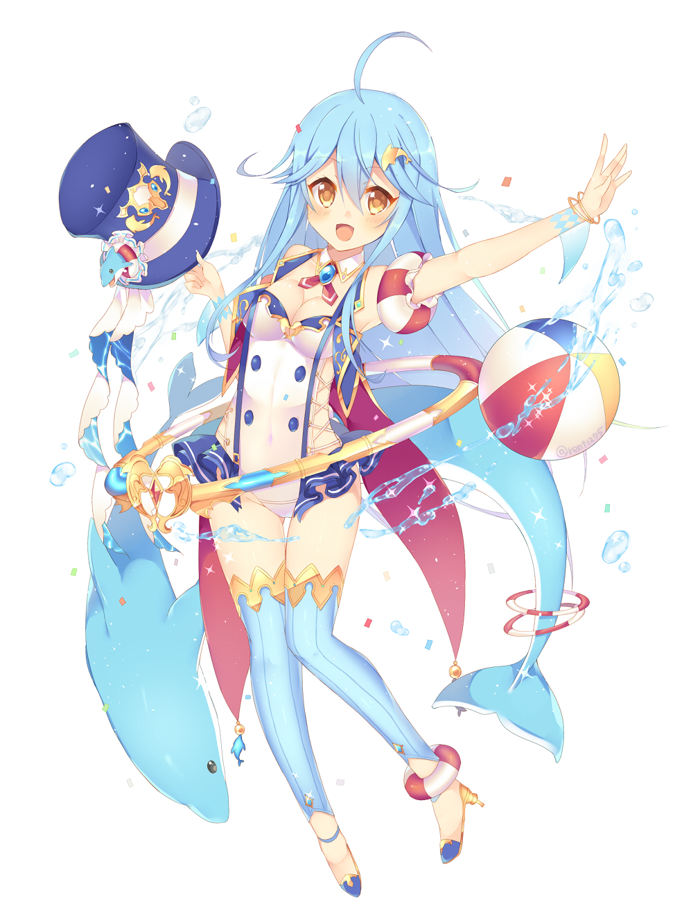 1girl ball beachball blue_hat blue_legwear bracelet choker copyright_request dolphin dolphin_hair_ornament hat high_heels highres holding holding_hat hoop hula_hoop jewelry light_blue_hair long_hair looking_at_viewer open_mouth orange_eyes rento_(rukeai) smile solo swimsuit thigh-highs top_hat water