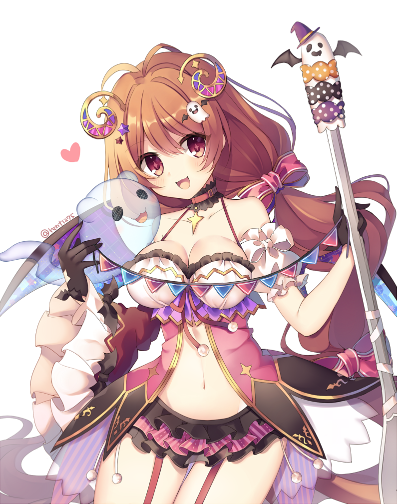 1girl bare_shoulders bat_wings black_gloves bow breasts brown_hair character_request detached_sleeves garter_straps gloves heart holding holding_spoon long_hair long_sleeves looking_at_viewer mismatched_sleeves navel open_mouth red_bow red_eyes rento_(rukeai) shironeko_project smile solo spoon wings