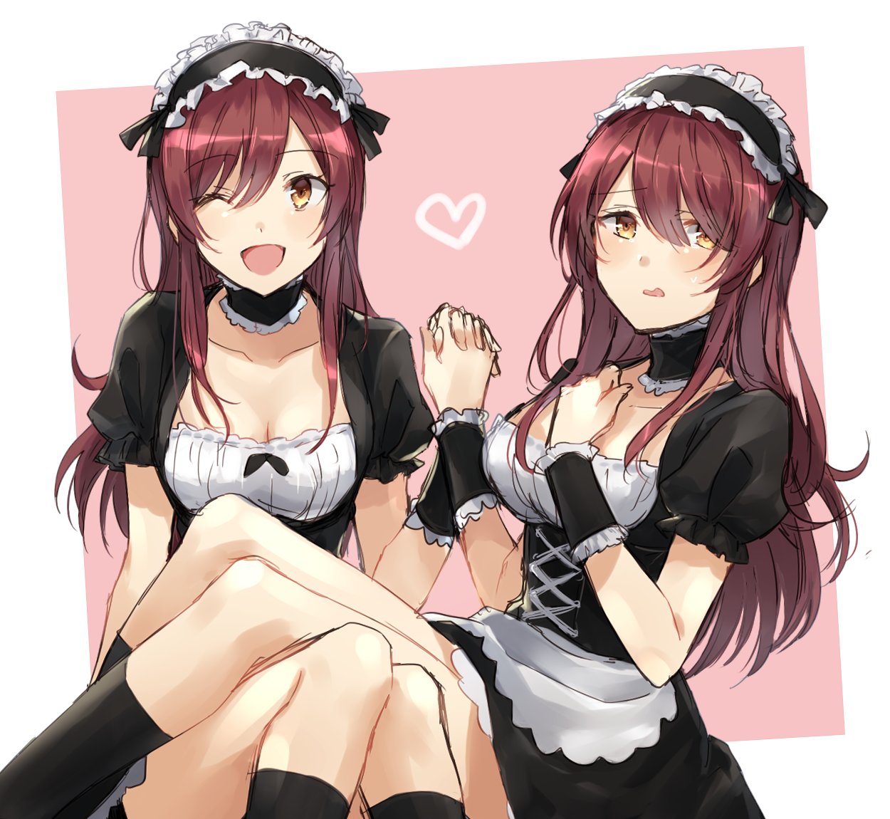 2girls ;d alternate_costume black_legwear blush breasts cleavage corset enmaided hair_between_eyes hair_over_one_eye heart idolmaster idolmaster_shiny_colors kneehighs lace_choker long_hair maid maid_headdress medium_breasts multiple_girls one_eye_closed oosaki_amana oosaki_tenka open_mouth purple_hair sisters sketch smile somechime_(sometime1209) thighs twins wrist_cuffs yellow_eyes