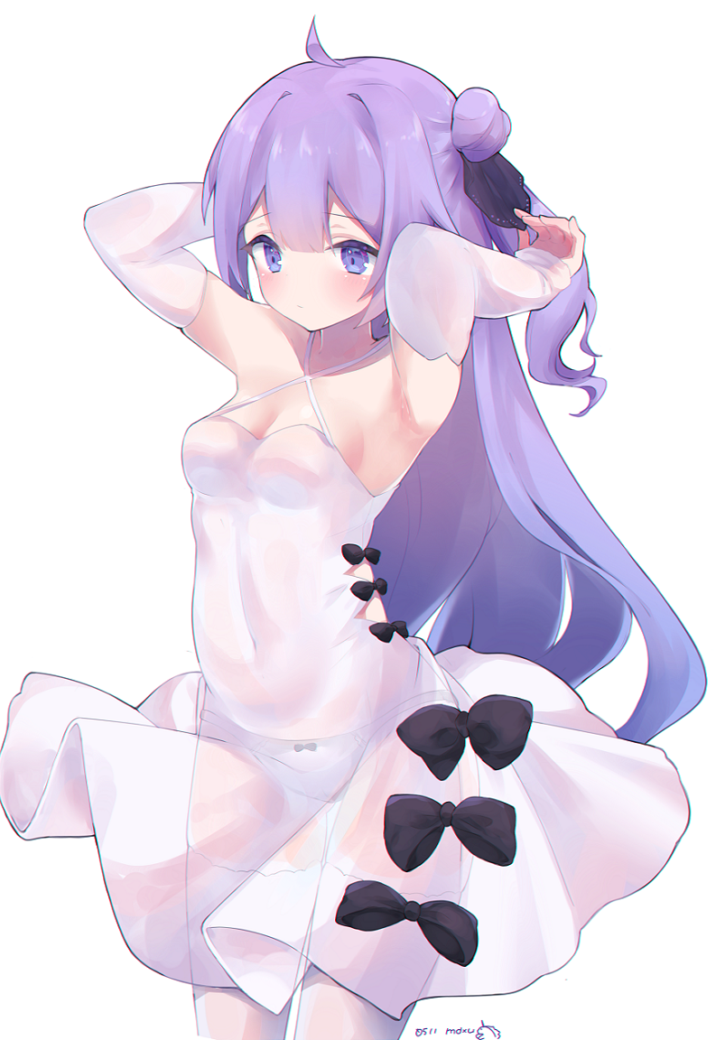 1girl armpits arms_up ass_visible_through_thighs azur_lane bow breasts cleavage criss-cross_halter detached_sleeves dress halterneck long_hair mimelond navel one_side_up panties purple_hair see-through side_bun simple_background sleeves_past_wrists small_breasts solo thigh-highs underwear unicorn_(azur_lane) violet_eyes white_background white_dress white_legwear