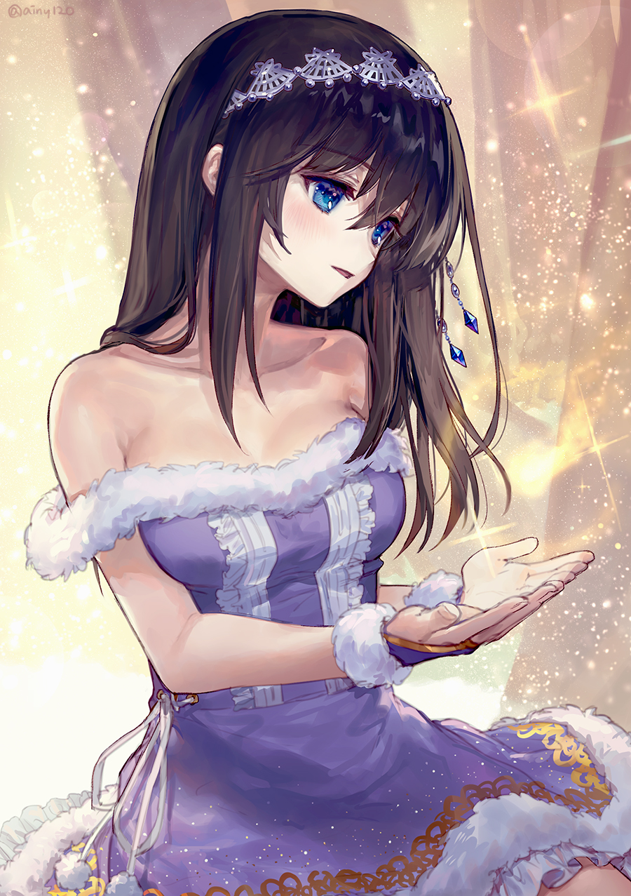 1girl ainy77 alternate_costume bare_shoulders black_hair blue_eyes breasts cleavage collarbone cupping_hands fingerless_gloves fire fur_trim gloves hairband highres idolmaster idolmaster_cinderella_girls jewelry long_hair looking_down magic off_shoulder open_mouth pom_pom_(clothes) sagisawa_fumika snow