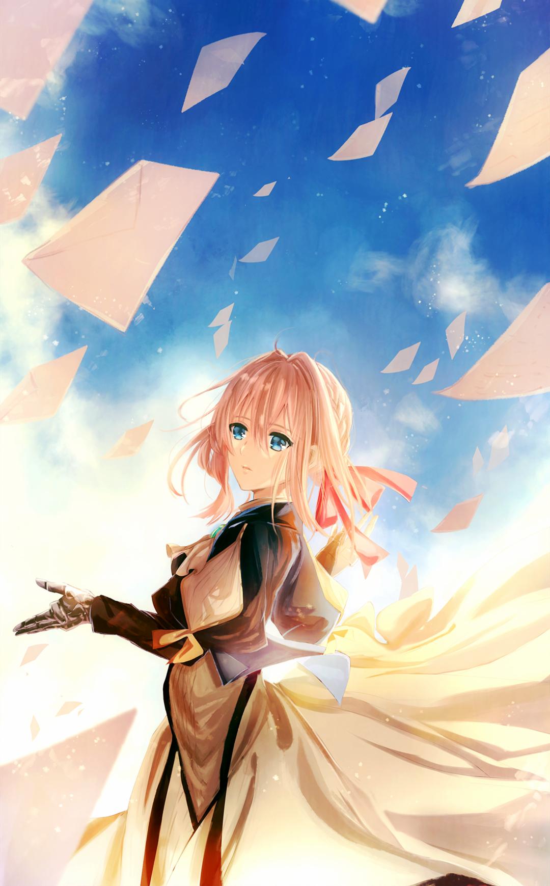 1girl bangs blonde_hair blue_eyes blue_sky ccgovo clouds day from_side hair_between_eyes hair_ribbon highres long_hair outdoors pink_ribbon prosthesis prosthetic_arm ribbon sky solo violet_evergarden violet_evergarden_(character)
