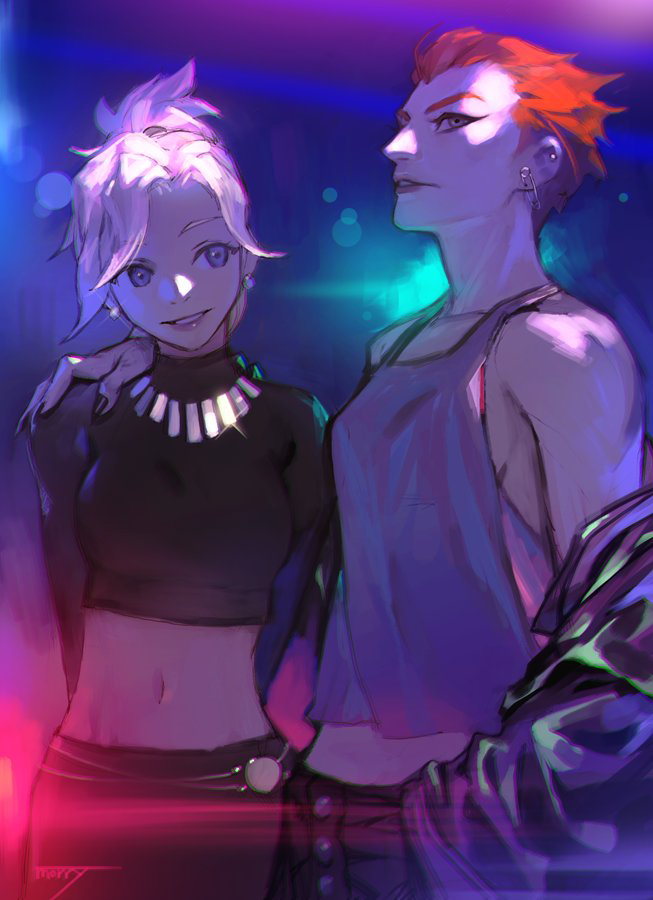 2girls arms_behind_back black_nails black_shirt blonde_hair blue_eyes breasts casual crop_top ear_piercing earrings grey_eyes hand_on_another's_shoulder jacket jewelry large_breasts lipstick long_sleeves looking_at_another looking_at_viewer makeup medium_breasts mercy_(overwatch) midriff moira_(overwatch) multiple_girls na_in-sung nail_polish navel necklace neon_lights no_bra off_shoulder overwatch parted_lips piercing pink_lipstick ponytail punk redhead safety_pin shirt short_hair sideboob tank_top