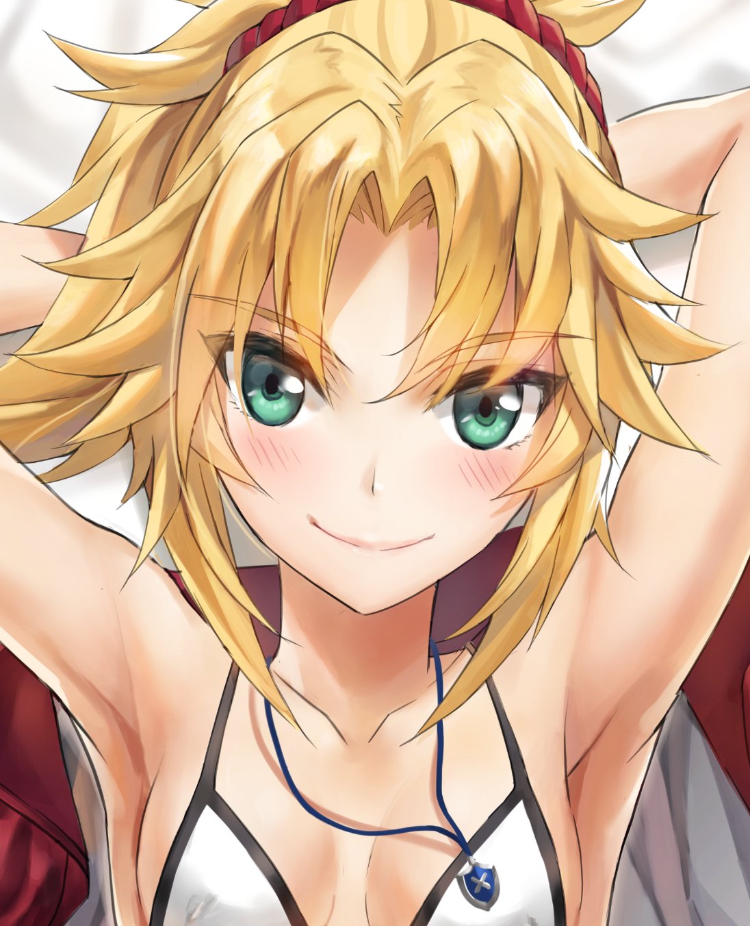 1girl aqua_eyes armpits arms_up bikini_top blonde_hair blush breasts closed_mouth collarbone fate/grand_order fate_(series) highres jewelry looking_at_viewer messy_hair mordred_(fate)_(all) necklace ponytail sidelocks small_breasts smile solo tonee upper_body white_bikini_top