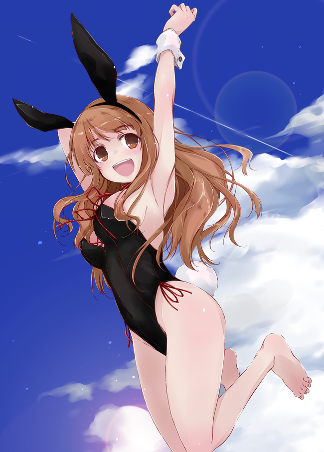 1girl animal_ears arm_behind_head arms_up barefoot blue_sky brown_eyes brown_hair bunny_tail bunnysuit clouds day full_body girls_und_panzer long_hair open_mouth outdoors rabbit_ears sky smile solo tail takebe_saori upper_teeth wrist_cuffs yumesato_makura