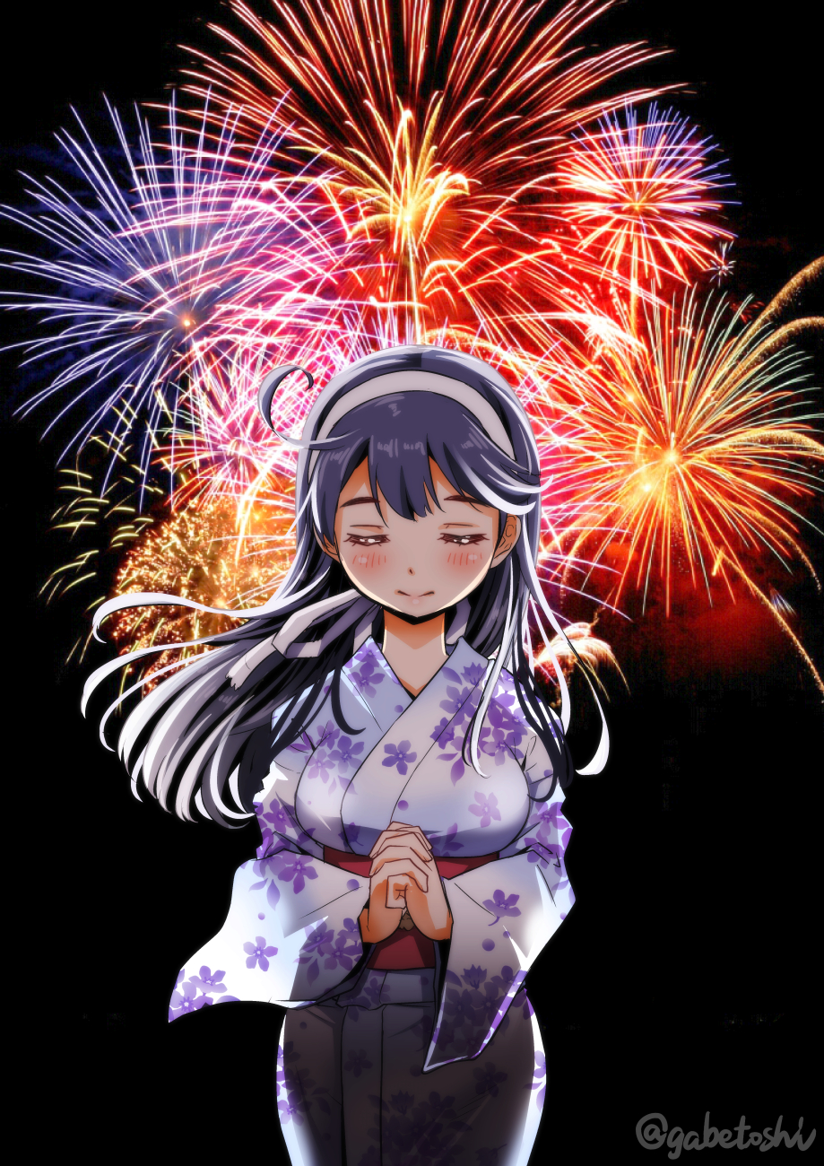 1girl ahoge blush breasts closed_eyes fireworks floral_print hairband hands_clasped highres japanese_clothes kantai_collection kimono large_breasts light_smile long_hair own_hands_together print_kimono purple_hair sogabe_toshinori solo twitter_username ushio_(kantai_collection)