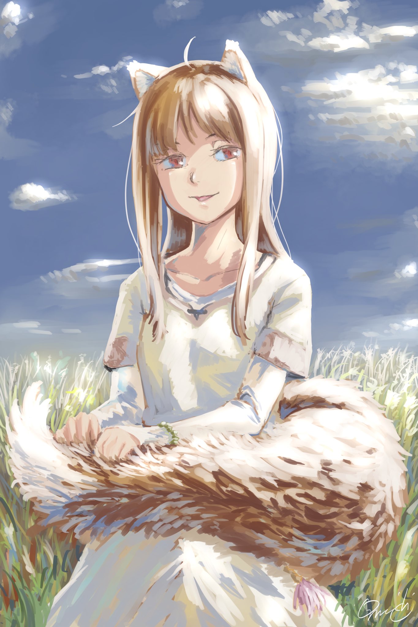 1girl ahoge animal_ears bracelet collarbone commentary highres holo jewelry long_hair omichi_(gutteli) redhead spice_and_wolf tail tongue tongue_out wheat wheat_field