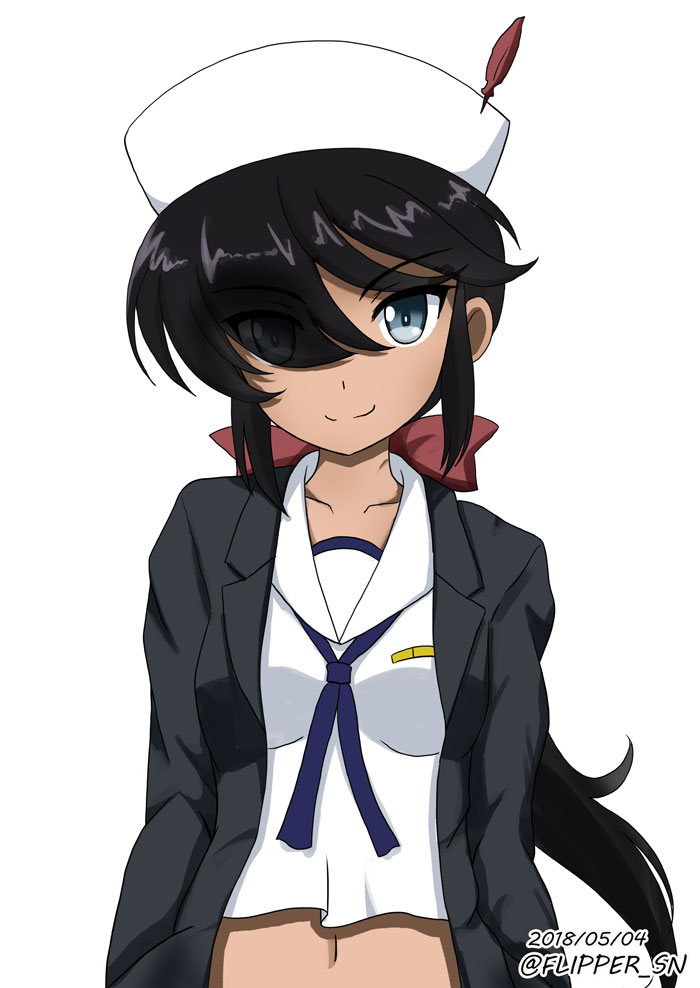 1girl bangs black_coat black_eyes black_hair blouse bow closed_mouth coat commentary dark_skin dated dixie_cup_hat eyebrows_visible_through_hair flipper girls_und_panzer hair_bow hair_over_one_eye hat hat_feather long_hair long_sleeves looking_at_viewer midriff military_hat navel navy_blue_neckwear neckerchief ogin_(girls_und_panzer) ooarai_naval_school_uniform open_clothes open_coat ponytail red_bow sailor sailor_collar school_uniform simple_background smile solo standing twitter_username upper_body white_background white_blouse white_hat