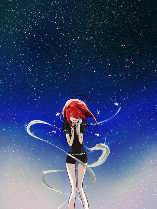 1other ahoge androgynous gem_uniform_(houseki_no_kuni) hair_over_eyes houseki_no_kuni mercury necktie night night_sky outdoors redhead sad shinsha_(houseki_no_kuni) short_hair shumiko_(kamenokoueki) sky solo star_(sky) starry_sky