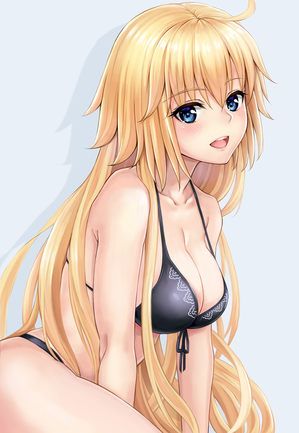 1girl :d ahoge bangs bare_shoulders bikini black_bikini blonde_hair blue_eyes breasts cleavage commentary_request eyebrows_visible_through_hair fate/apocrypha fate_(series) front-tie_bikini front-tie_top grey_background hair_between_eyes halterneck highres jeanne_d'arc_(fate) jeanne_d'arc_(fate)_(all) large_breasts long_hair looking_at_viewer open_mouth revision shadow shinno simple_background smile solo swimsuit very_long_hair
