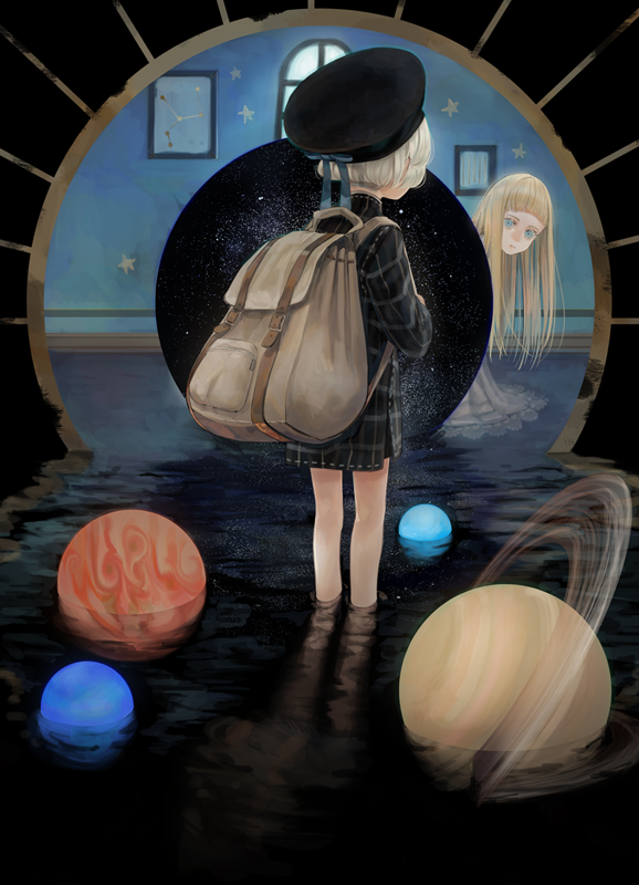 2girls backpack bag black_hat blonde_hair blue_eyes dress facing_away hat long_hair looking_at_another mizutame_tori multiple_girls original plaid planet reflection short_hair wading white_hair