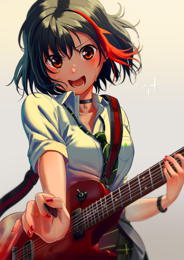 1girl bang_dream! bangs black_choker black_hair blush bracelet choker collared_shirt commentary_request electric_guitar green_neckwear green_skirt guitar instrument jewelry mitake_ran multicolored_hair music nail_polish necktie open_mouth plaid plaid_skirt playing_instrument pleated_skirt plectrum poligon_(046) red_eyes red_nails redhead shirt short_hair short_sleeves skirt solo sparkle streaked_hair striped_neckwear sweat