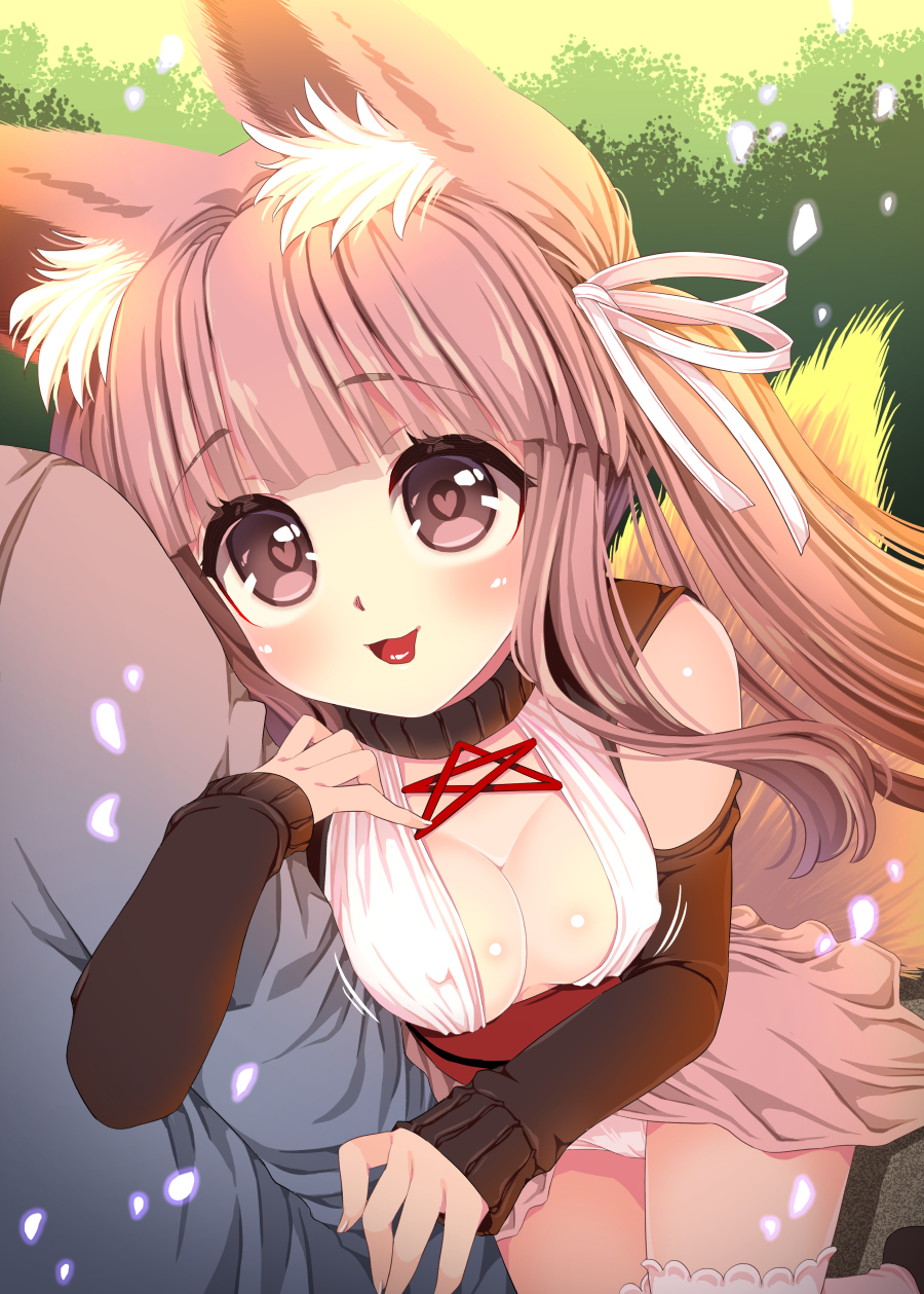 1girl :d animal_ears arm_hug bangs breasts brown_eyes brown_footwear brown_hair cleavage commentary_request day detached_sleeves eyebrows_visible_through_hair fingernails fox_ears fox_girl fox_tail grey_shirt hair_ribbon heart heart-shaped_pupils highres long_hair long_sleeves medium_breasts open_mouth original outdoors pink_legwear pink_skirt revision ribbon shirt skirt sleeves_past_wrists smile solo_focus suzune_rai symbol-shaped_pupils tail thigh-highs very_long_hair white_ribbon